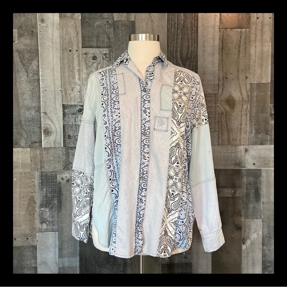 Free People All Patched Up button up shirt medium denim western coastal cowgirl